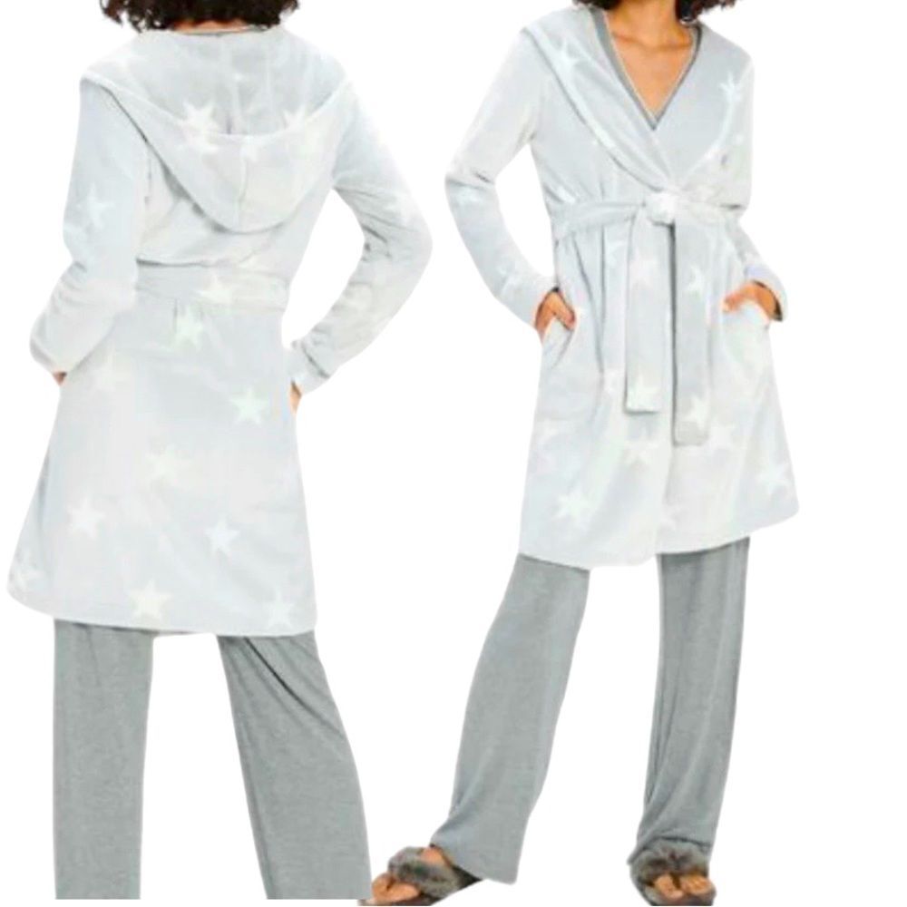 Ugg Grey/White Stars Cozy Fleece Miranda Cozy Fleece Hoodie Belted Wrap Robe NWT - Picture 4 of 17